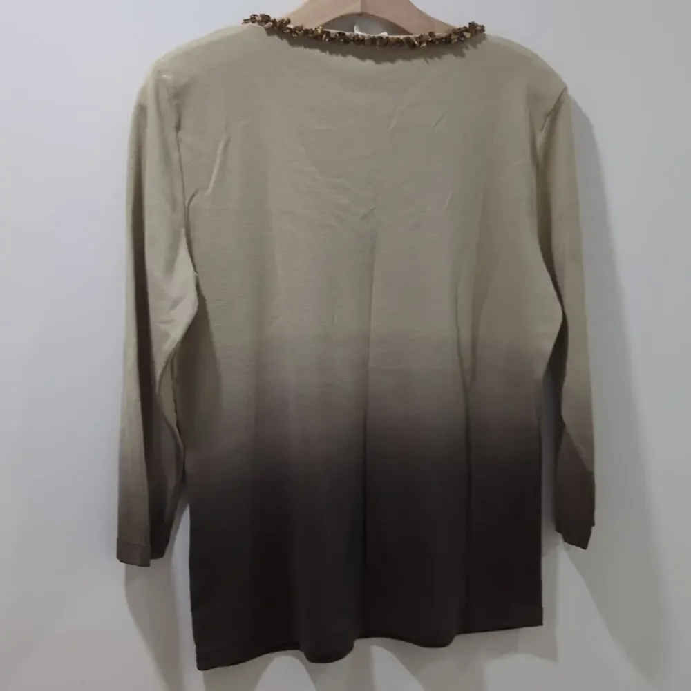 DB Life Dana Buchman Ombre Stone V-Neck 3/4 Sleeve Sweater Top Brown Wmns Sz M